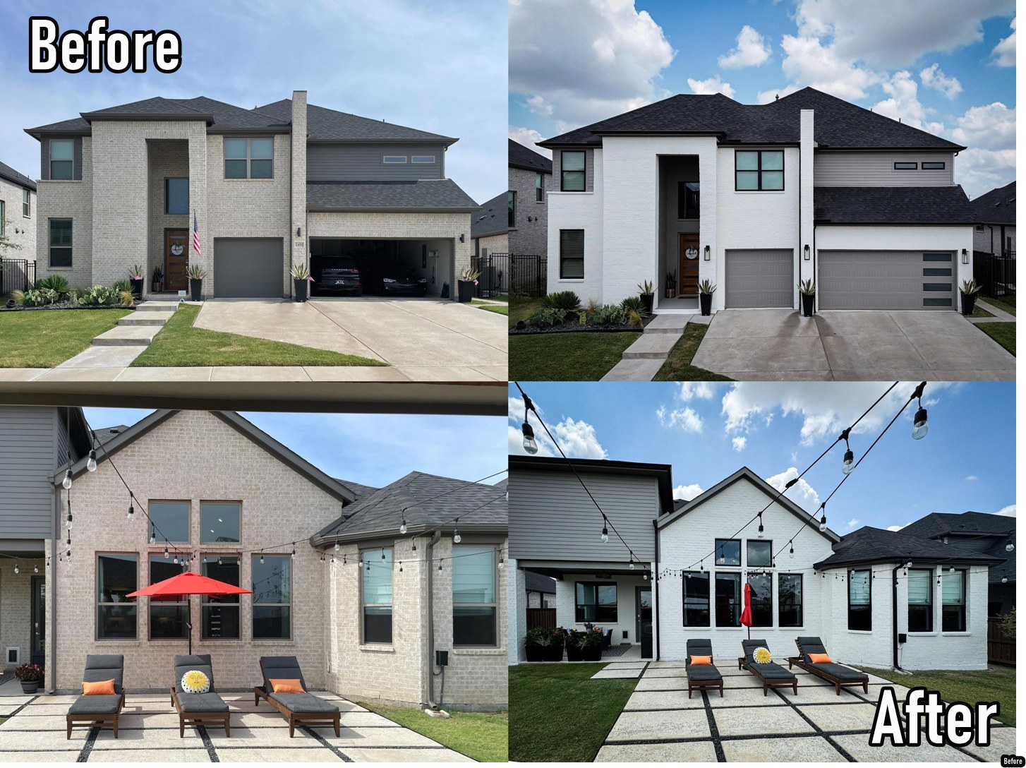 before and after images of an exterior house painting project